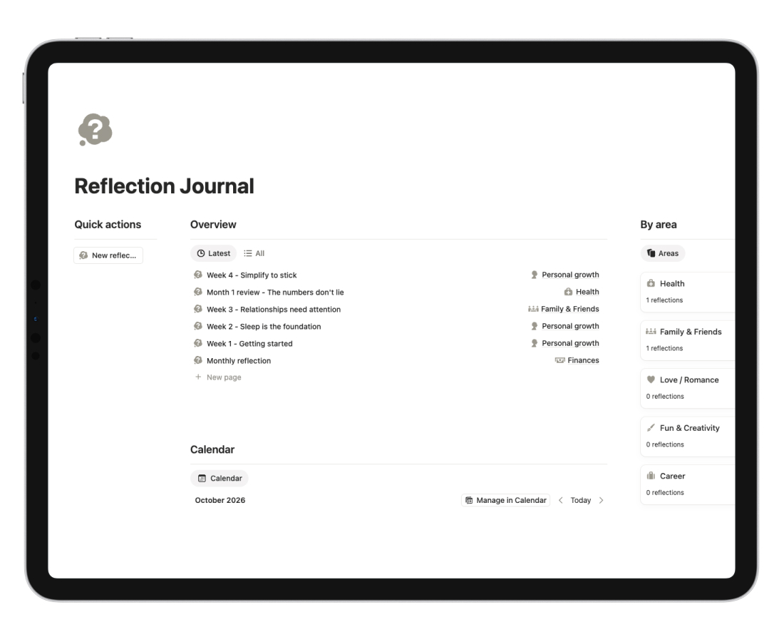 Reflection Journal overview connected to life areas in Notion